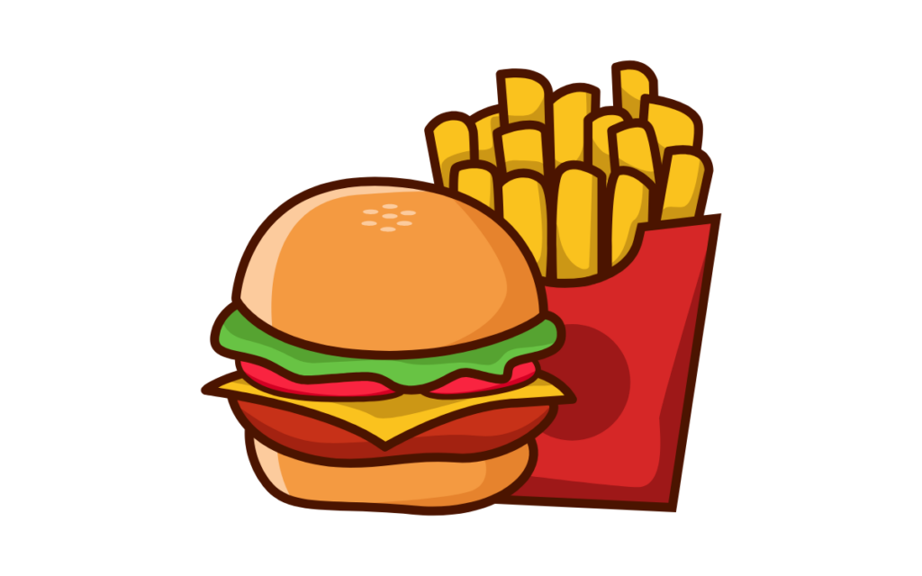 a cartoon image of burger and fries