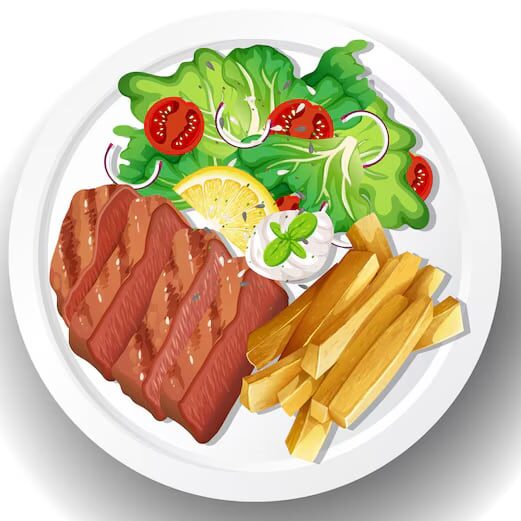 Cartoon image of a plate of steak and chips